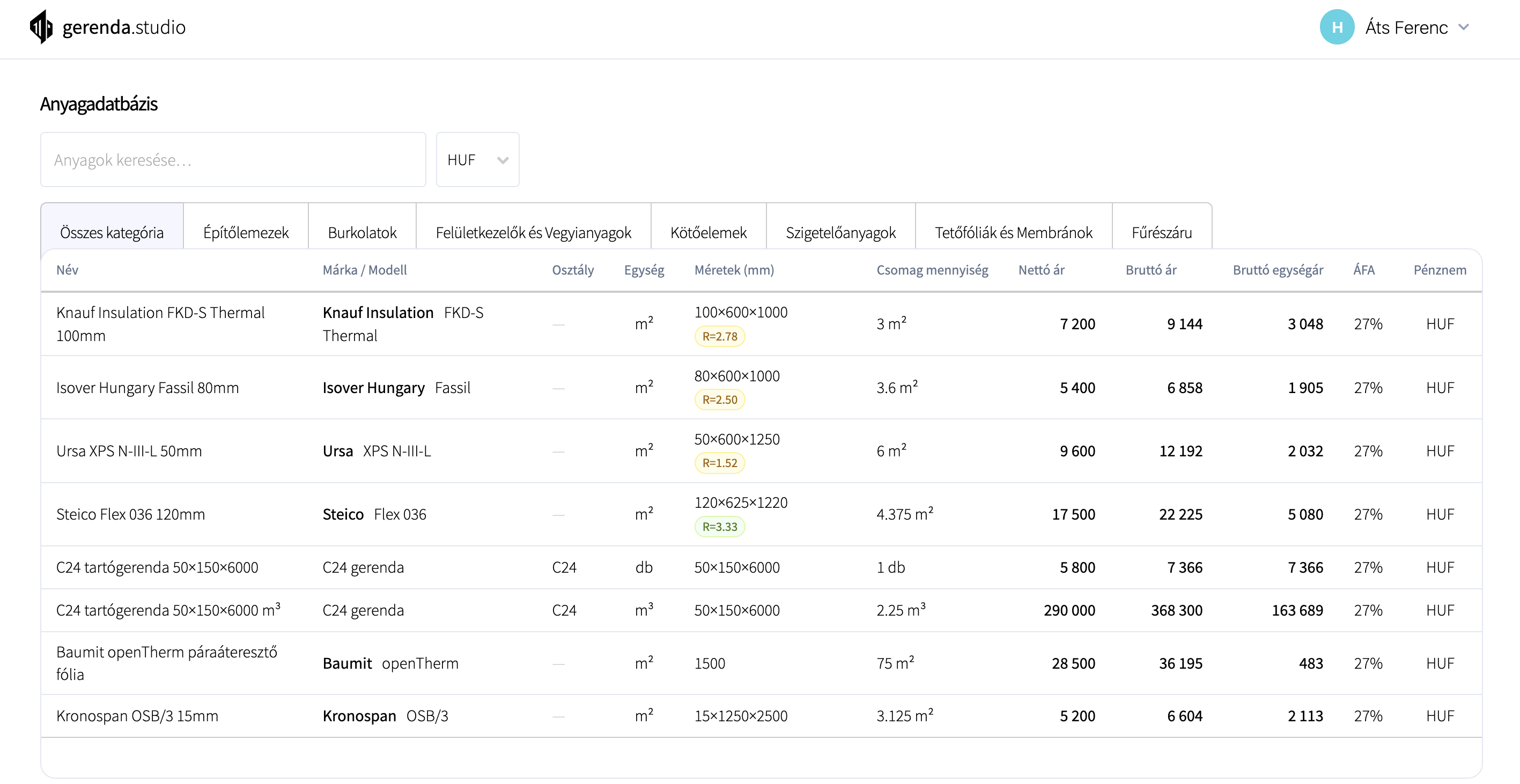 Anyagszámítás és ajánlat export